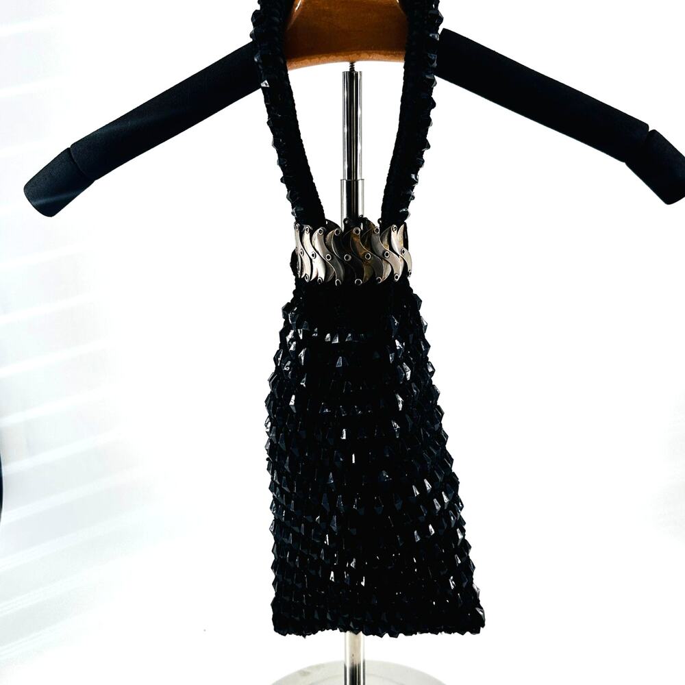 Vintage Black Beaded Evening Purse with Bike Chain Strap Accent Y2K Goth